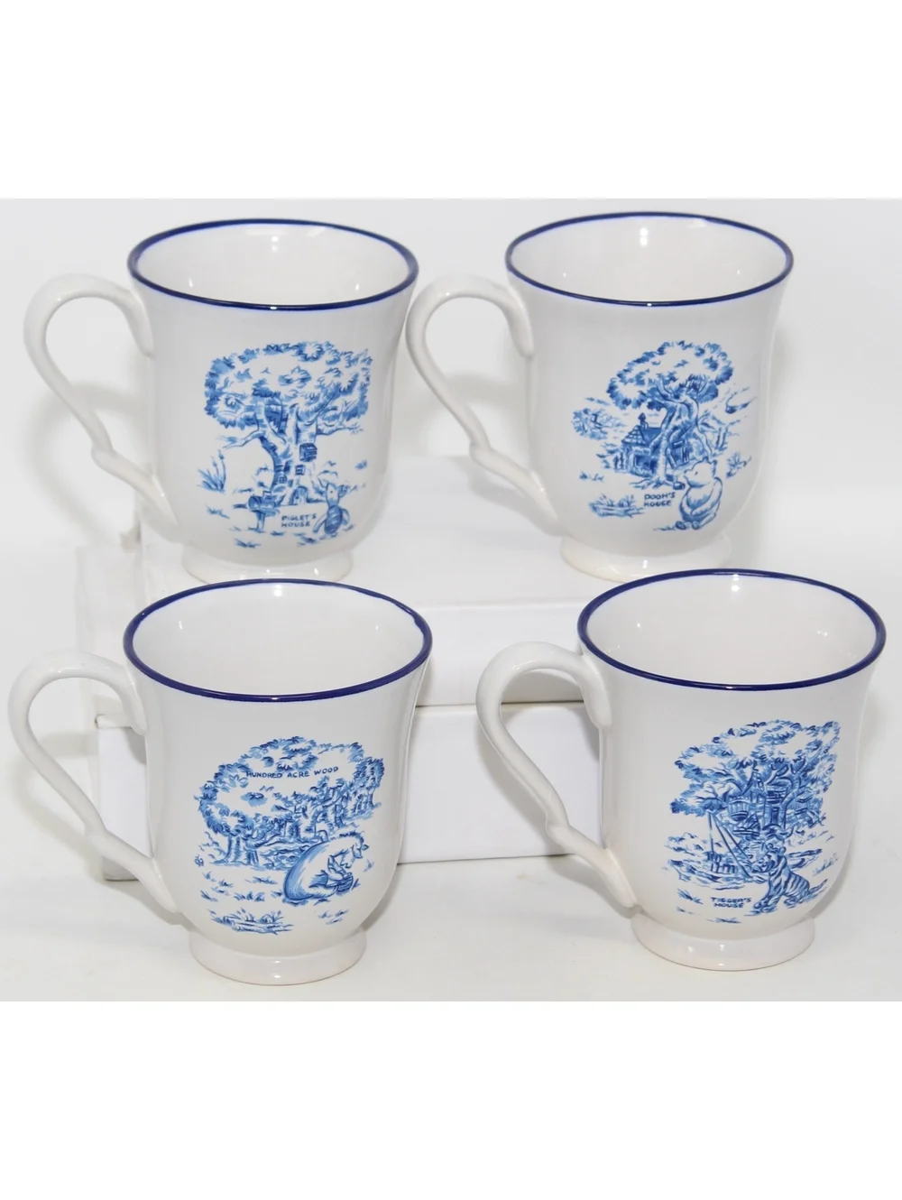 VTG Disney Winnie the Pooh Blue Toile Dinnerware Cups 4 Pcs Stoneware Handle Mug